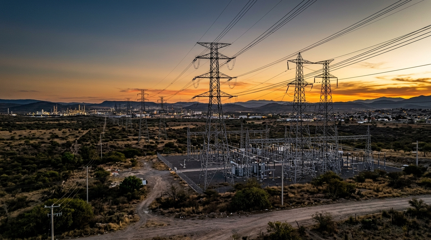 Torres de transmisión eléctrica al atardecer, plan de inversión CFE para la red nacional