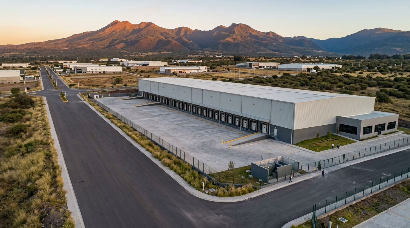 Naves industriales en construcción en el Parque Bajío Michoacán al atardecer