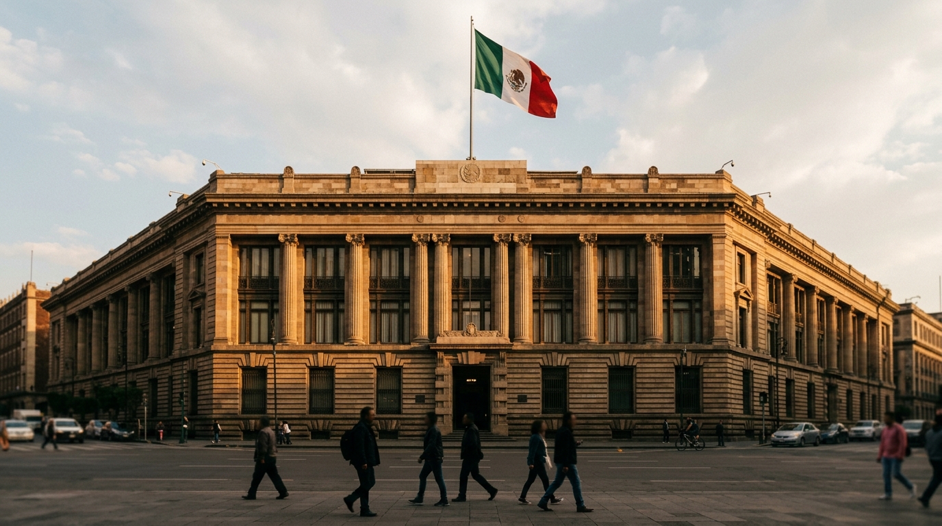 Fachada del Banco de México con pantallas del tipo de cambio al mayoreo