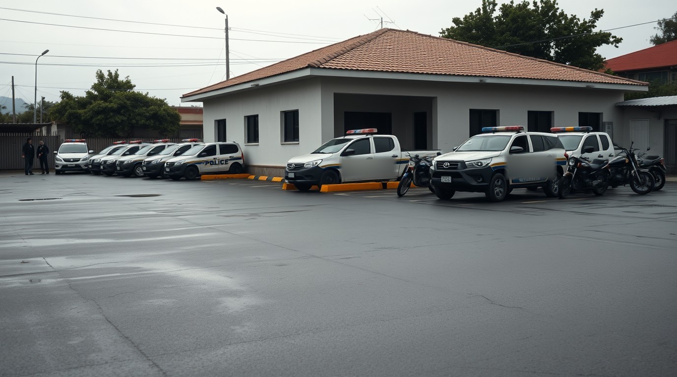 Patrullas y policías de Uruapan formados en el patio de la base municipal